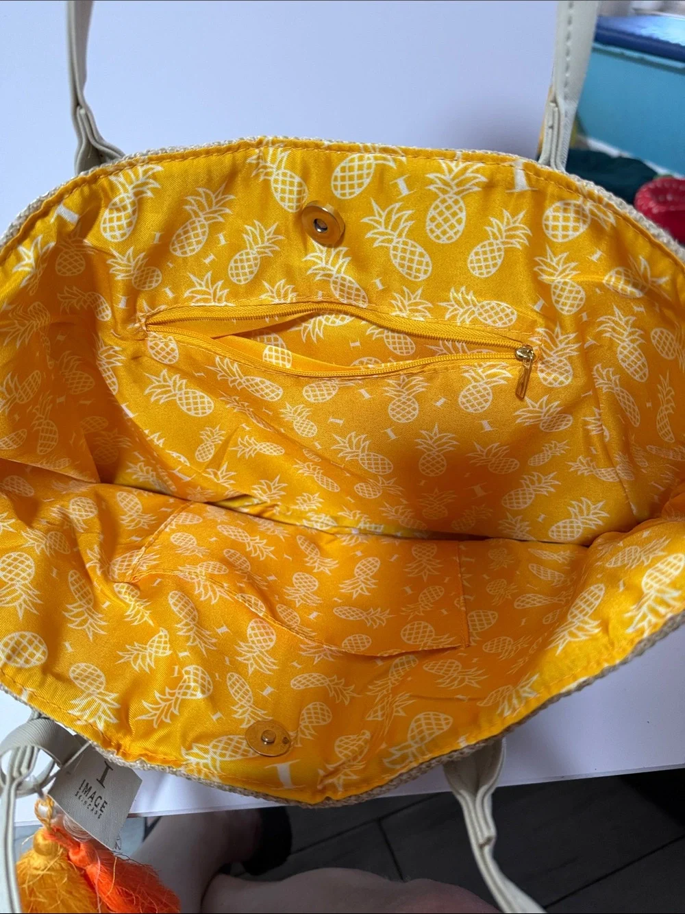 Straw Tote Bag with Cream Handles & Orange Tassels - Sun, Please